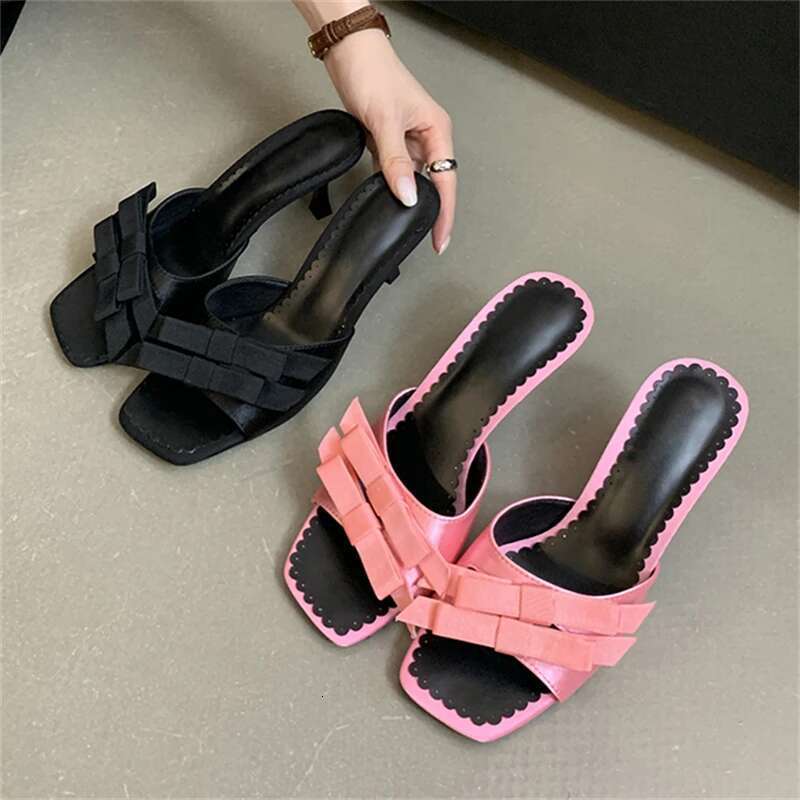 2025 New Arrivals Women Slipper Fashion Bow-knot Thin Heel Open Toe Slip On Dress Elegant Sandal Mules Slides Shoes