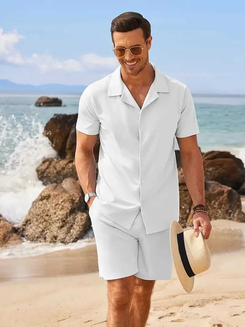Summer Mens Shirt Suit Simple Solid Beach Short Sleeve Casual Lapel Shirt Oversized Beach Shorts Hawaii Suit ClothingXJ250218