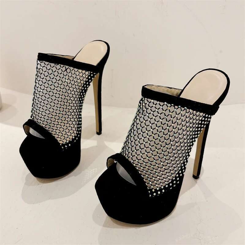 Design Peep Toe CRYSTAL Mesh Fabric Sexy Women Slippers Stiletto Platform High Heels Female Nightclub Shoes