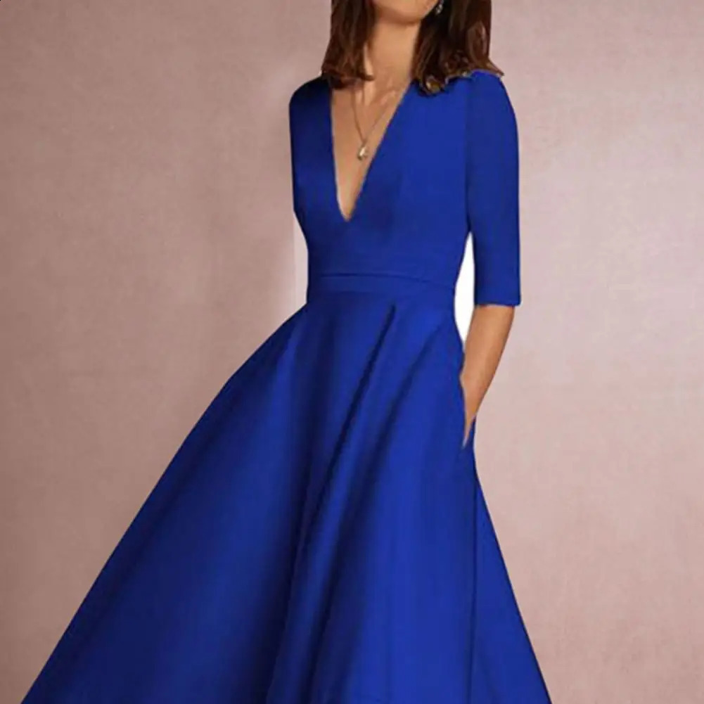 Women Midi Dress Fashion Vacation Party Dresses Half Sleeves Deep V Neck A-line Flowy Hem Dress Pure Color Banquet Evening Dress 250218