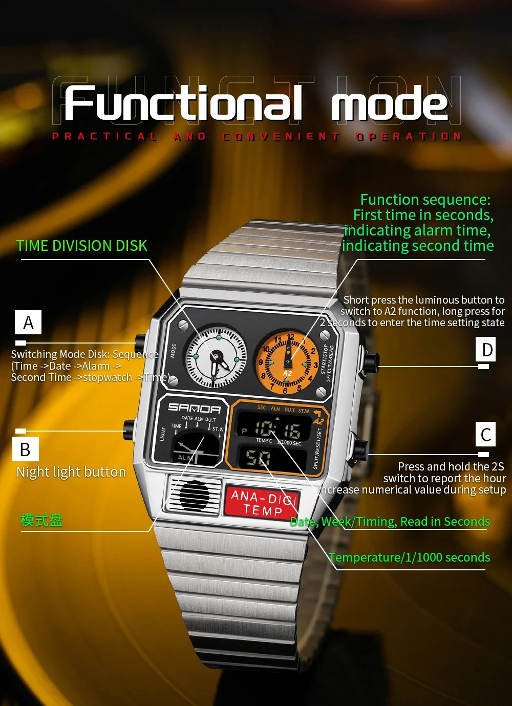 SANDA 3192 -selling LED Electronic Square Mens Youth Casual Multi-function Thermometer Stopwatch Chronograph Mens Watch 250217