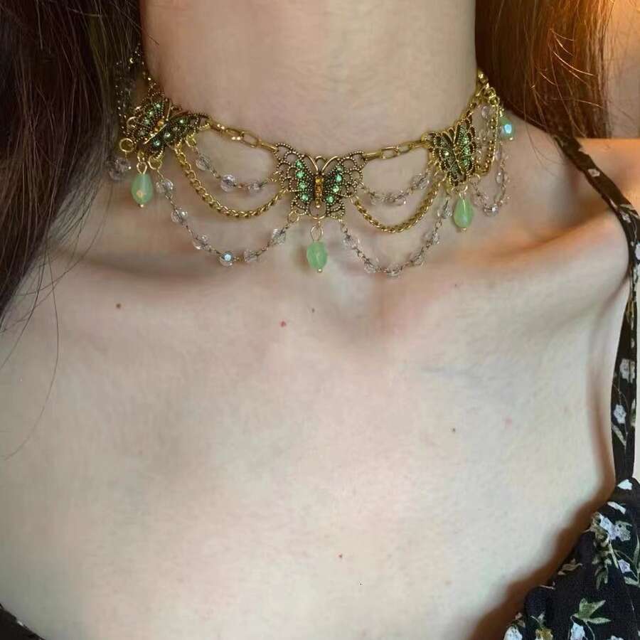 Heavy industry multi-layer tassel inlaid dia butterfly necklace for women, new Chinese style, niche, high-end texture, spicy girl, collarbone neck cha