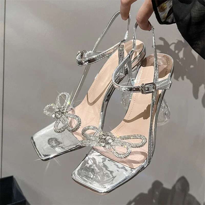 Fashion Butterfly-knot Buckle Strap Square Toe Woman Sandals Crystal Transparent High Heels Party Shoes atos De Mujer