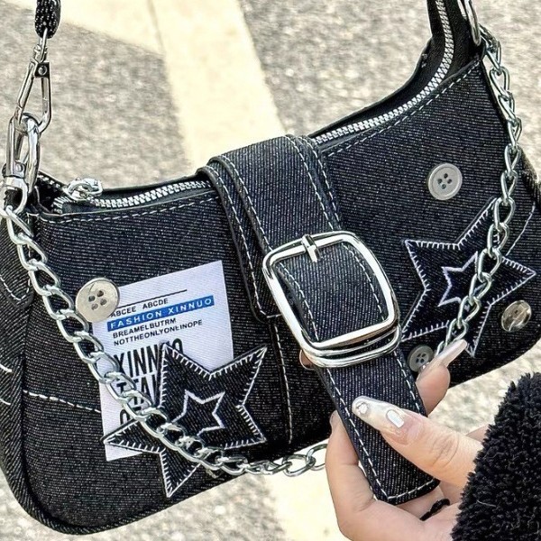 Designer New casual Star Denim underarm Niche vintage button American chain shoulder bag for women