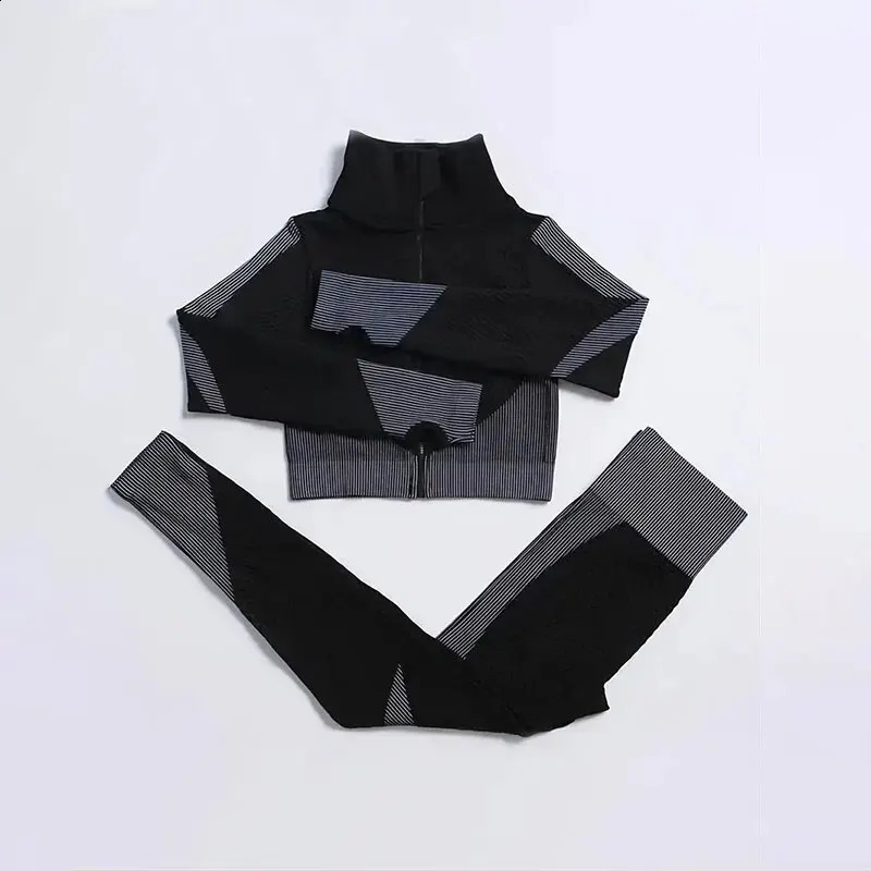 Womens Fitness 3-Piece Breathable Long Sleeve Jacket Hollow Sports Bra High Waist Leg Exercise Yoga Set 250219