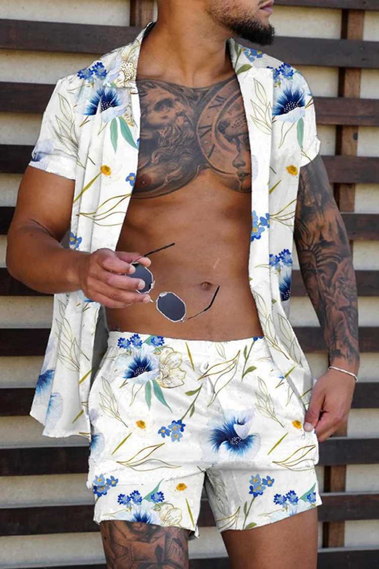 Fashionable Hawaiian printed mens 2-piece set luxurious 3D printed holiday set short sleeved casual beach shirt 2-piece mensXJ250218