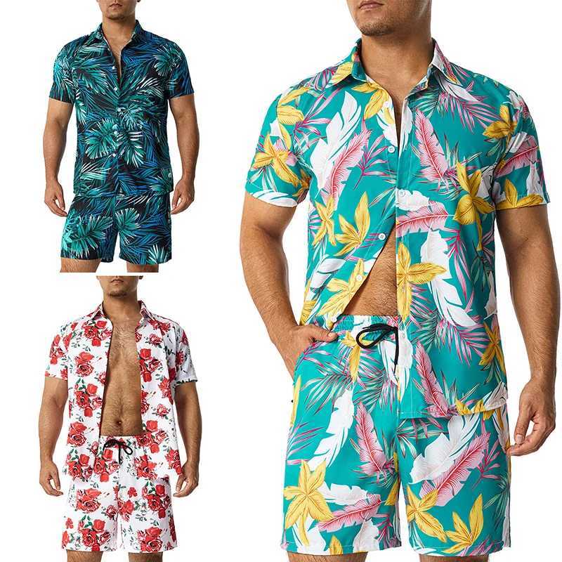 11 Colors Mens Fashion Print Sets Lapel Short Sleeve Casual Shirt Beach Shorts Set Summer Vacation Hawaiian Suits S-5XLXJ250218