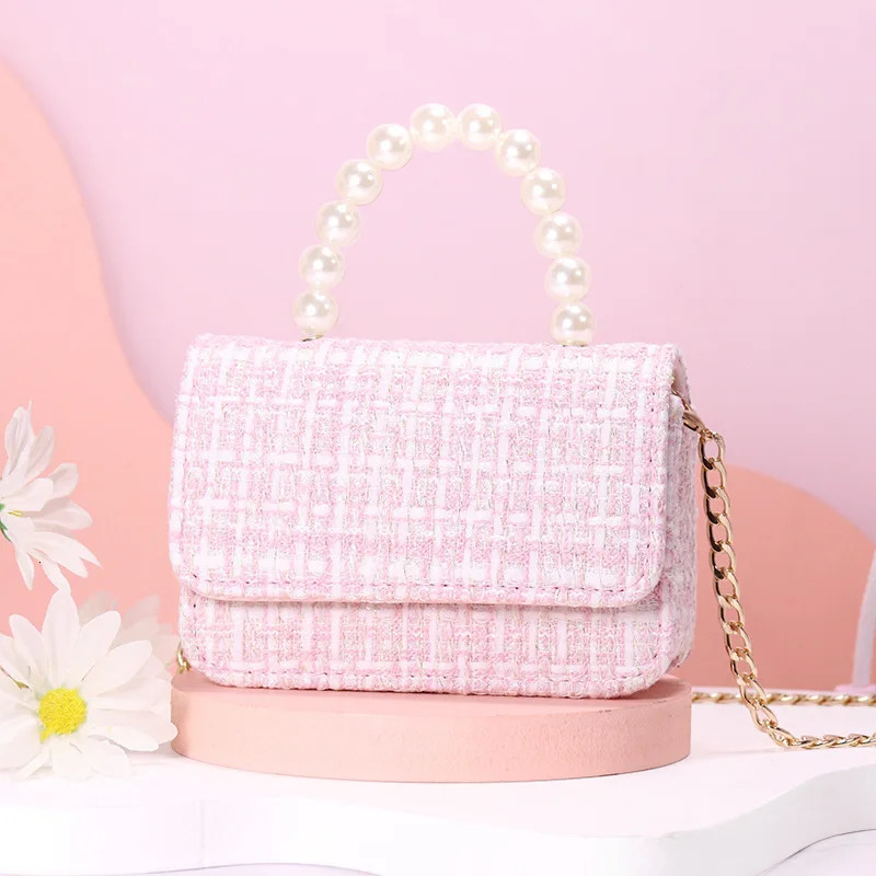 Childrens bag small bag spring and summer girl messenger bag Princess pearl handbag cotton and hemp fashion shoulder bag 250219
