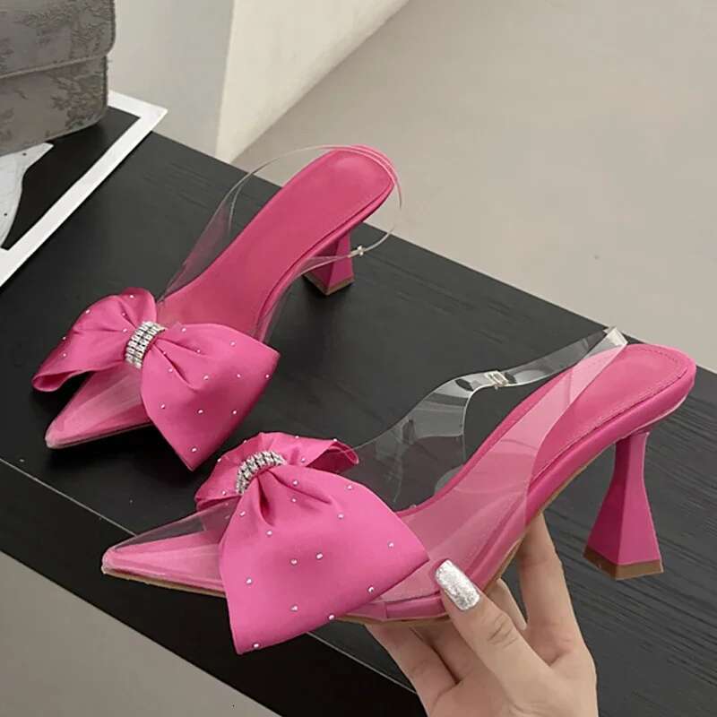 Fashion Butterfly-knot Pointed Toe Women Pumps PVC Transparent High Heels Sandals Wedding Banquet Female Mules Shoes