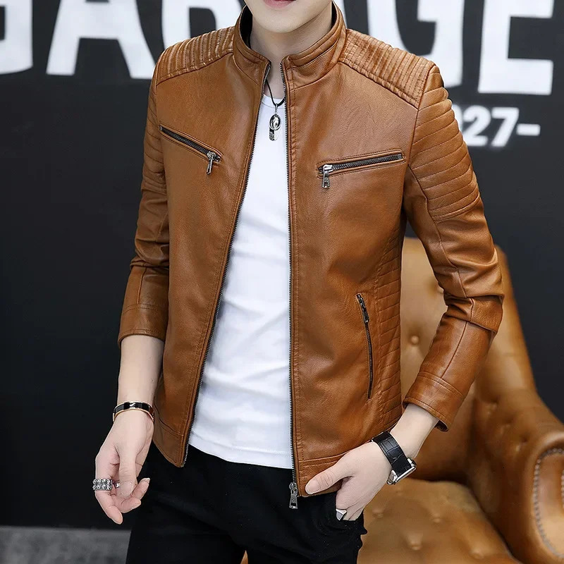 Solid Color Crossborder Leather Jacket For Men Trendy Motorcycle Vest Windproof Slimming Smooths Your Silhouette 250210