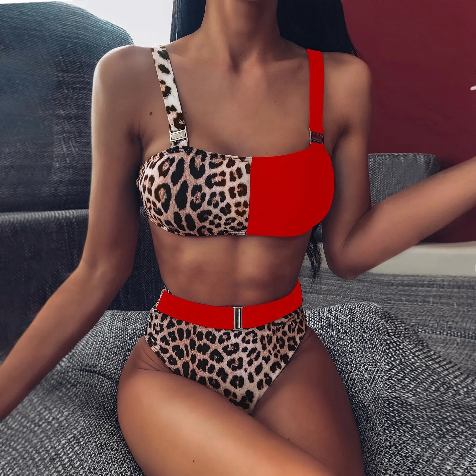 Sexy Swimsuits For Womens Color Splicing Printed High Waisted Two Pieces Bikinis Casual Beachwear Big Breast Fit Bathing Suit 250219