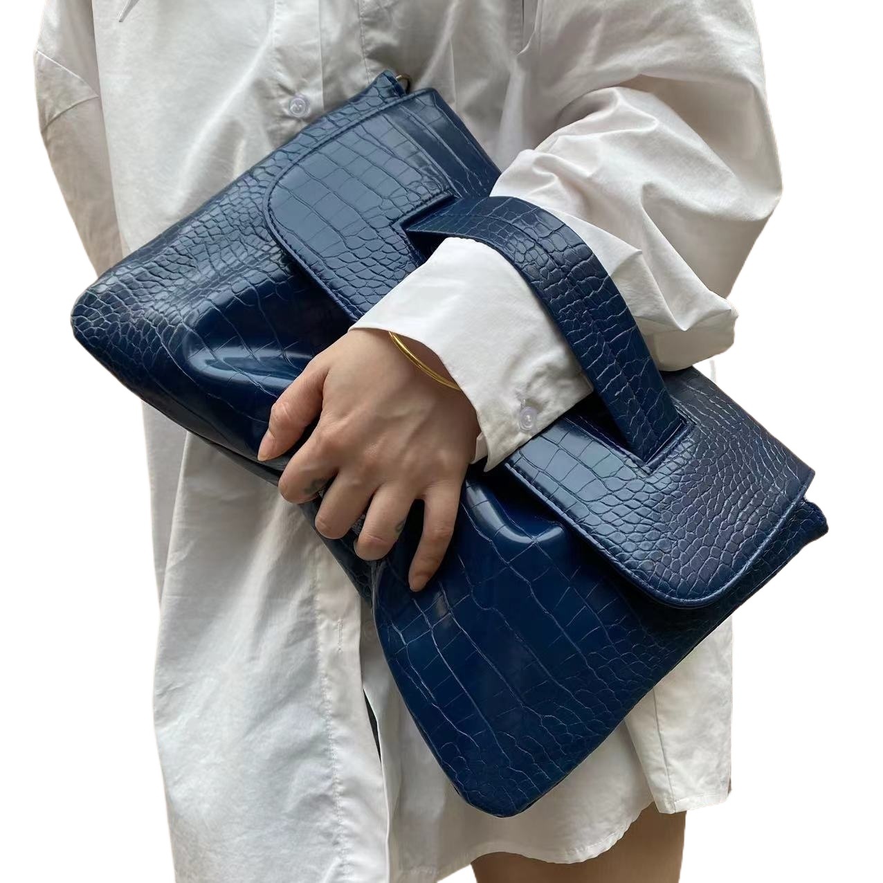 Crocodile Pattern PU Leather Handbag, Large Capacity Crossbody Bag, Flip Top Laptop Handbag