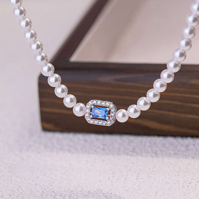 Hailao pure sier necklace, female niche design, light style, Shijia pearl collarbone chain, ins style square pendant