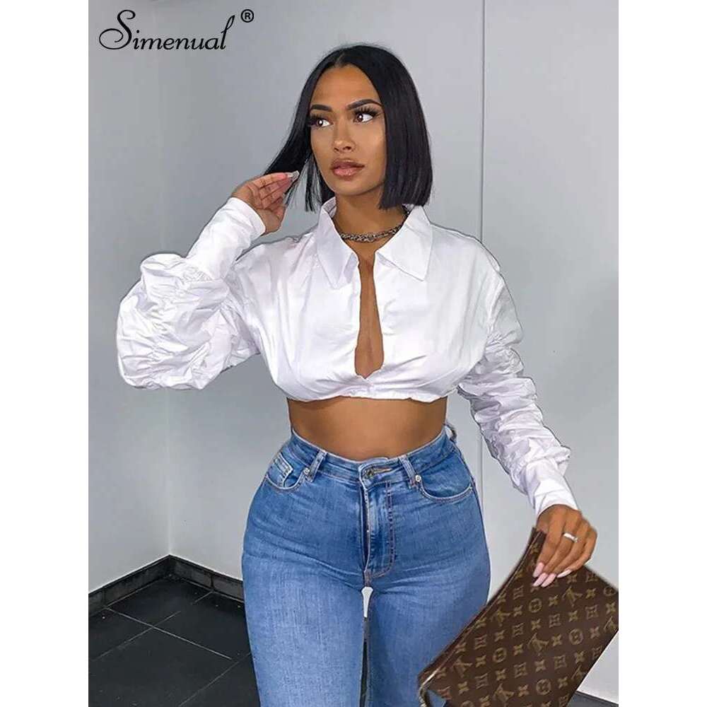 Simenual Button Ruched White Puff Sleeve Blouse Shirts Women Long Sleeved Fashion Fall 2021 Clothing Crop Blouses Solid Baddie