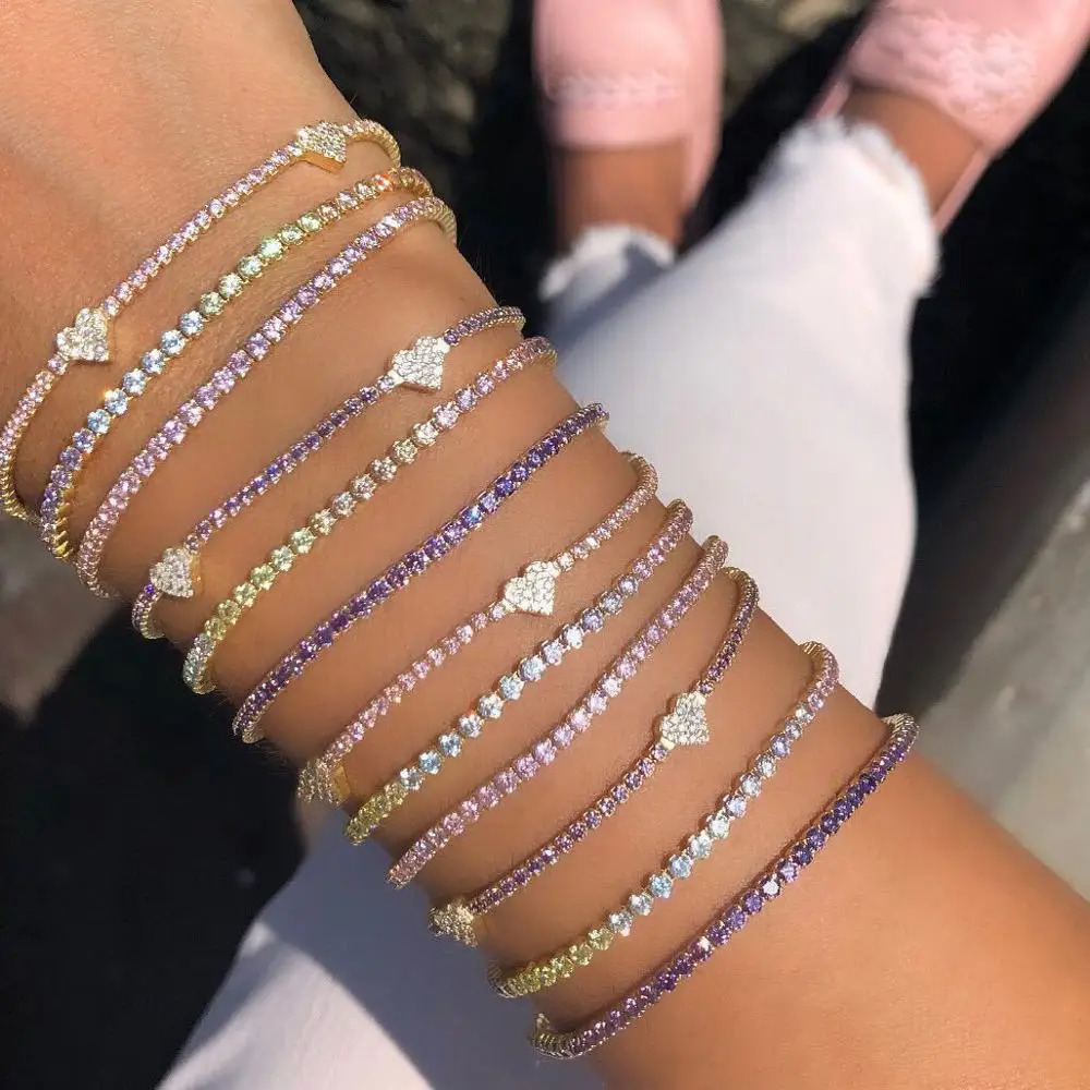pastel color cz Heart charm Tennis chain bracelet fashion women valentines gift jewelry 250213