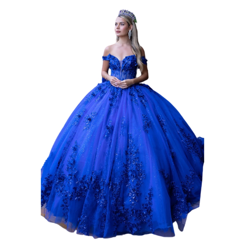 Princess Royal Blue Quinceanera Dresses Off Shoulder Ball Gown Vestido De 15 Anos Floral Lace Appliques Bow Back Court Train Luxurious Prom Special oc