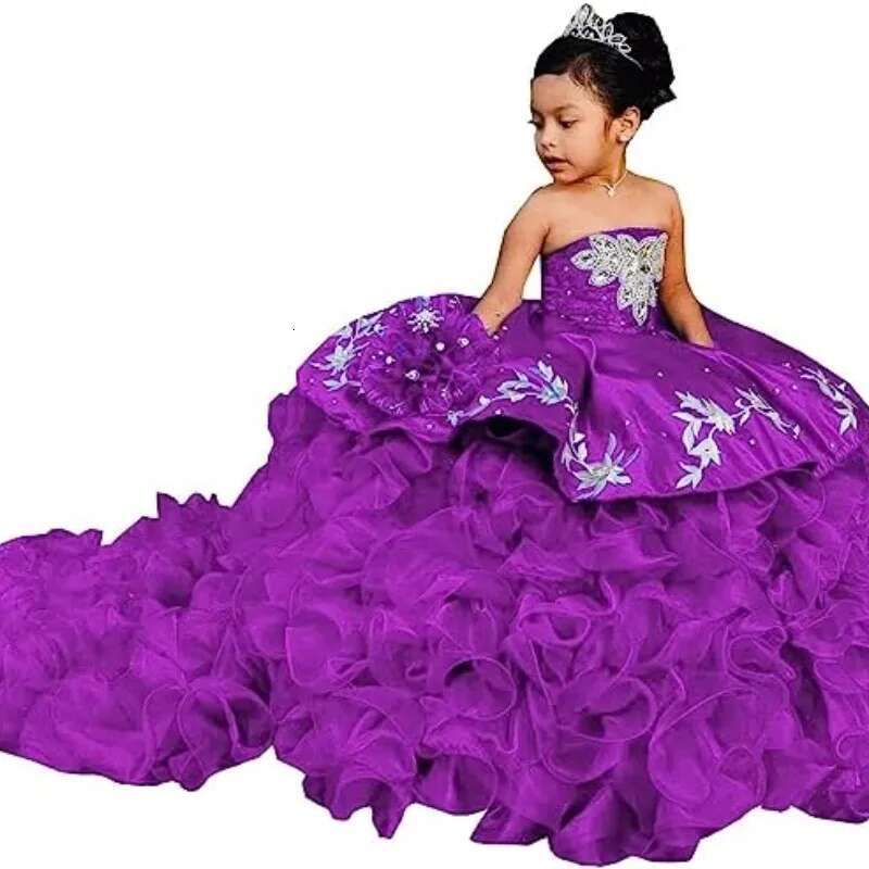 EVLAST Customized Royal Blue Cute Wer Girl For Weddings Applique Beaded Ruffles Pageant Gown First Communion Dress Fd01