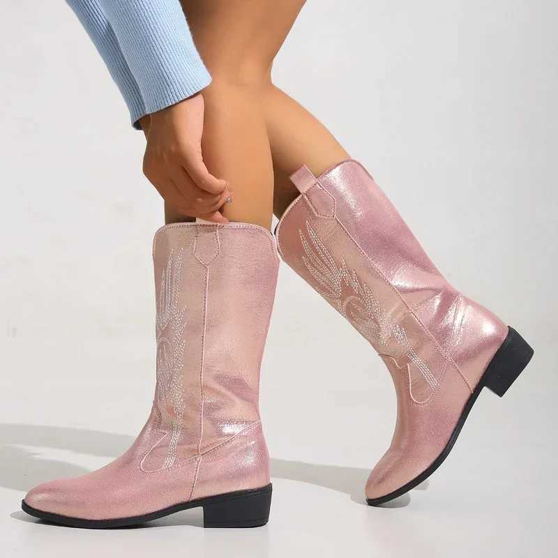 Pink Embroider Cowboy Boots for Women 2023 Autumn Winter Chunky Heels Mid Calf Western Knight Boots Woman Pointed Toe Tube Botas Z250704