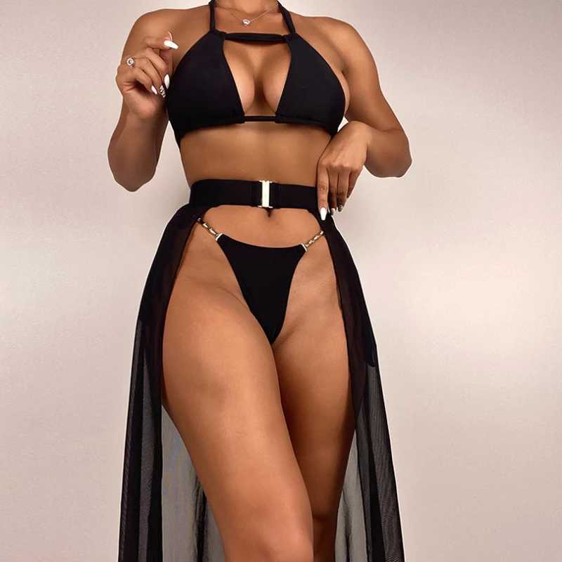 Women Sexy Thr Piece Bikini Set Solid Mid Open Mesh Skirts 3 Pcs Bathing Suits Halter Neck Tops Two Side Belt Beachwear 2025 W250219