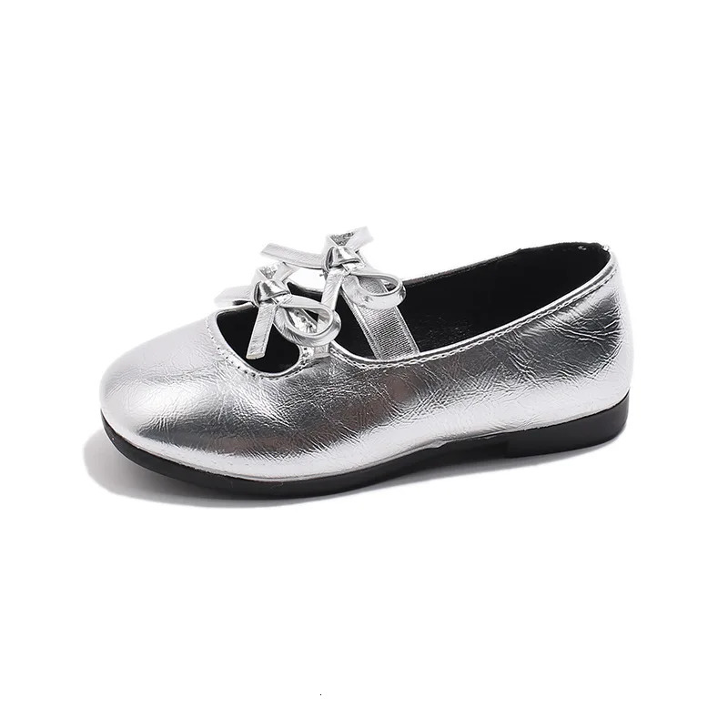 Kids Baby Girl Children Black Gold Silver Wedding Party Princess Leather Soft Bottom Shoes Girls Bow-tie Single Shoes H08093 250219
