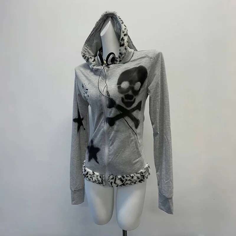 Karrram Japanese Y2k Rabbit Ears Jacket Gothic Skull Print Hooded Outerwear Vintage Haruku Zipper Sweatshirt Grunge Aesthetics