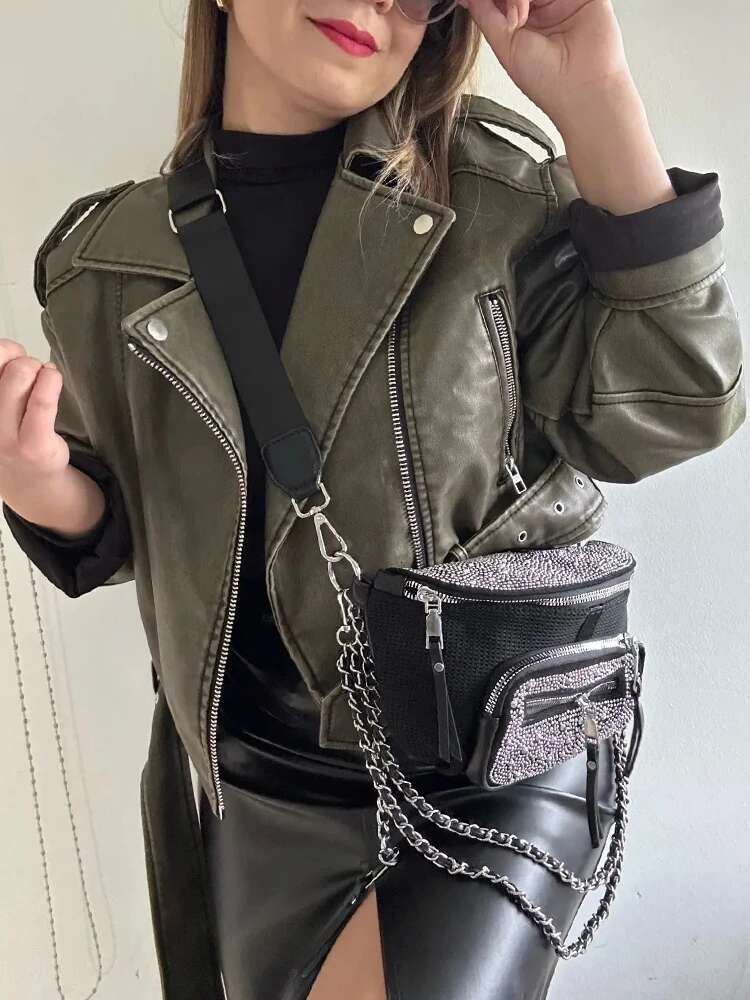 Aigo Vintage Women Loose Long Sleeve Pu Faux Leather Short Jacket with Belt Streetwear Female Retro Moto Biker Coat Outwear