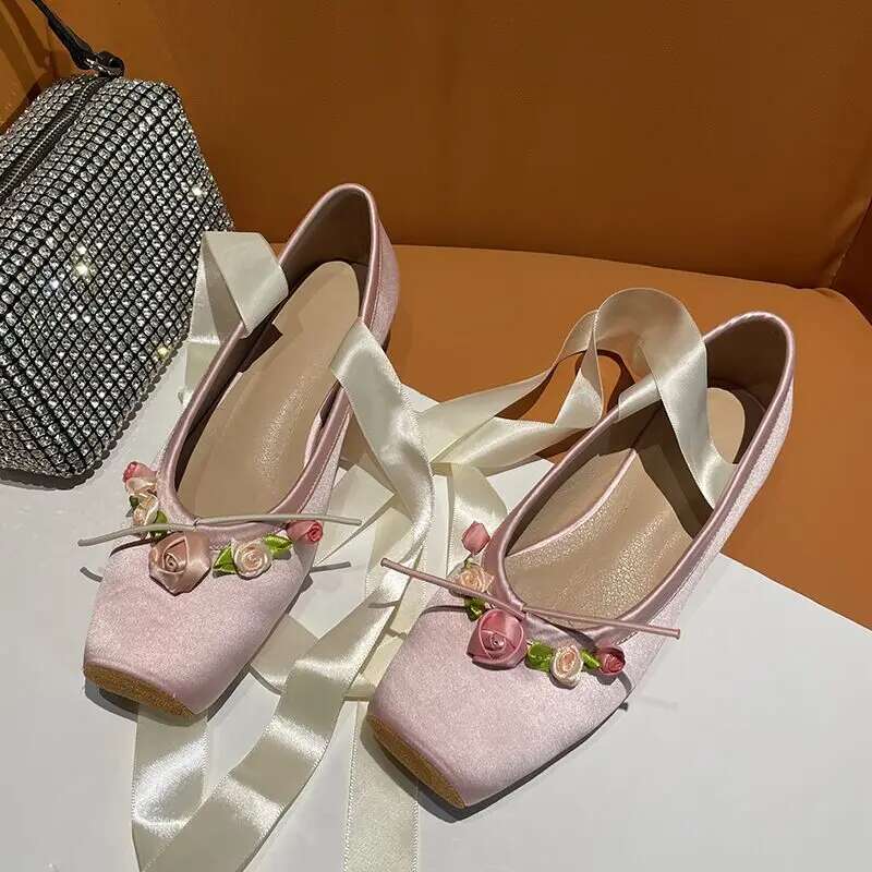 Square toe silk pink ballet wer lace up chunky heel women casual shoes