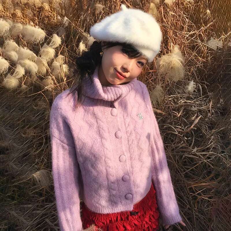 Karrram Japanese Y2k Turtleneck Cardigans Vintage Korean Style Knitted Sweater 2000s Aesthetics Pink Winter Knitwear Haruku