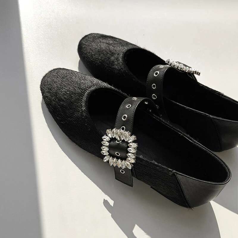 Real haircalf women ballet flats crystal buckle strap pumps