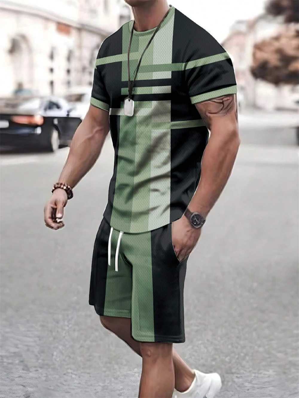 Mens Summer Two-piece Set Patchwork Color Street T-shirt Casual Outdoor Sports Short-sleeved Rope Shorts Mens ClothingXJ250218