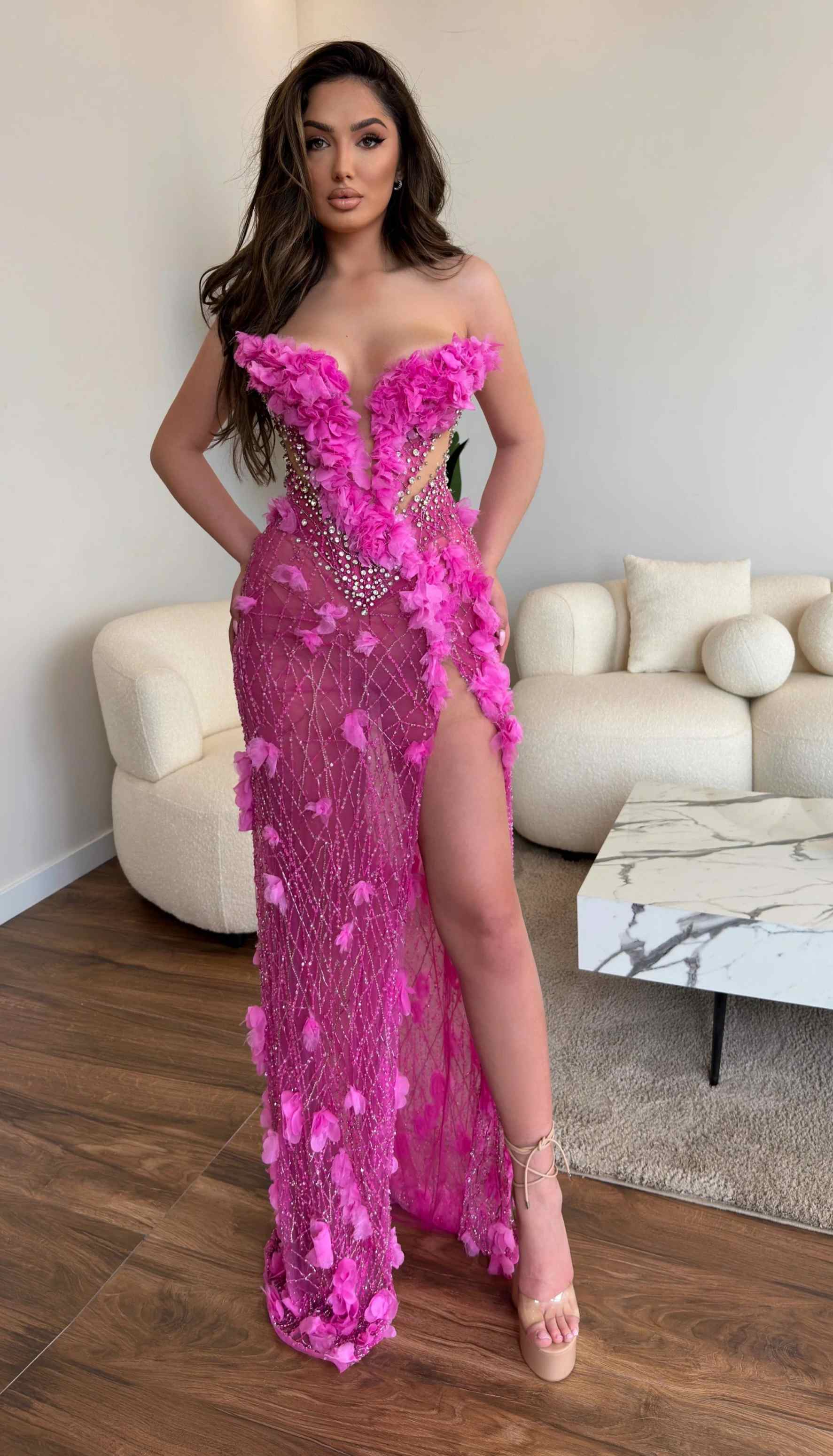 Fuchsia Mermaid Prom Dresses 3D Flowers Beading Special Occasion Dress Sexy High Split Evening Gowns Customized