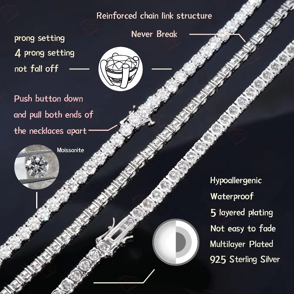 In Stock 3mm Necklace White Gold Iced Out Tennis Sliver Moissanite Chain