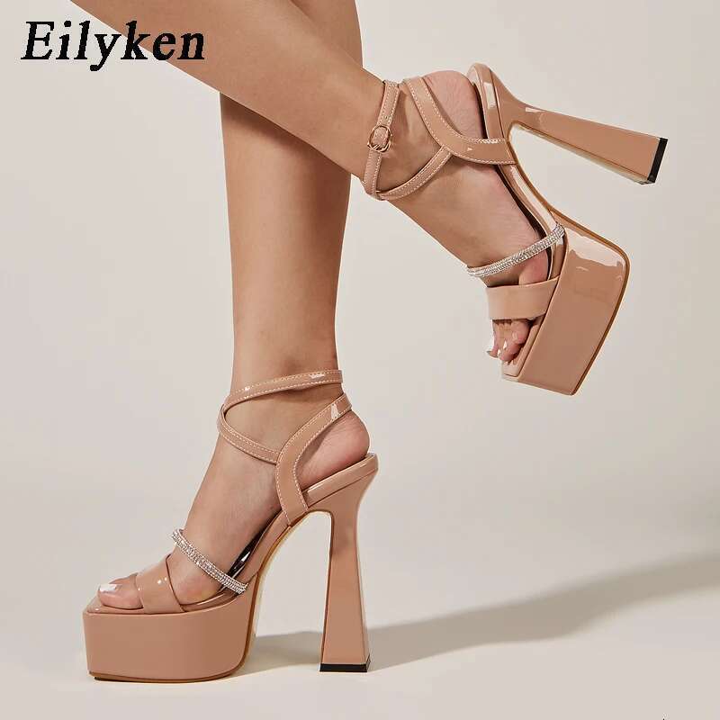 Platform High Heels Chunky Women Fashion Sandals Sexy Square Toe Ankle Buckle Strap Crystal Club Shoes