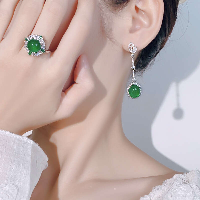 New set of copper jewelry S sier needle inlaid high ice green chalcedony goddess long earrings ring