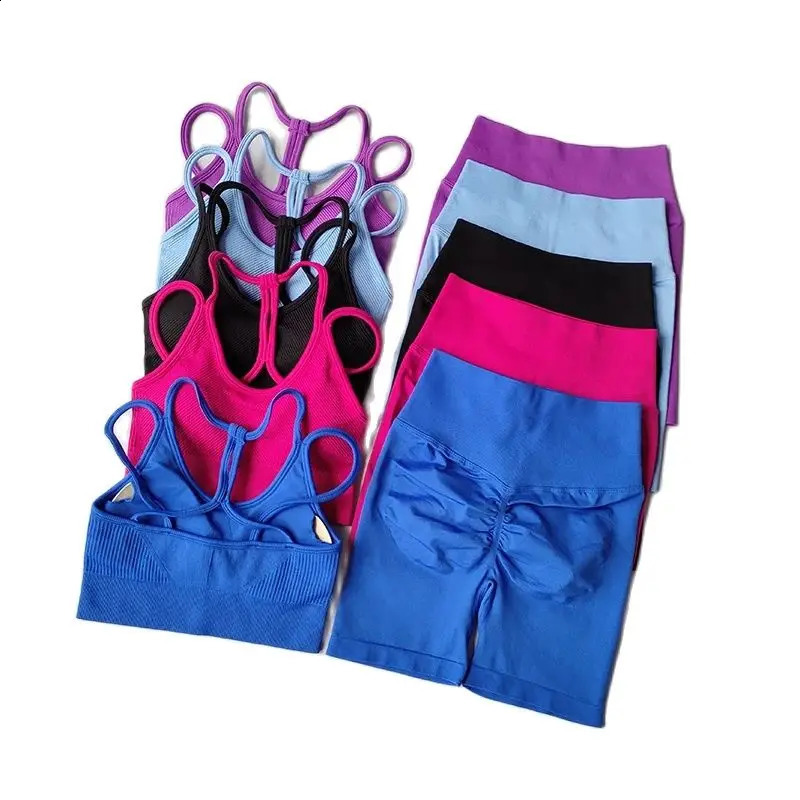 2PCS Seamless Yoga Set for Women High-Waist Butt Lifting Sportswear Workout Gym Fitness Tight Short And Sport Bra Suit 250219