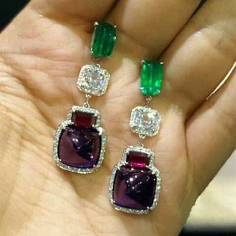 Choucong Brand Dangle Earrings Luxury Jewelry 925 Sterling Silver Princess Cut Emerald 5A Cubic Zircon CZ Diamond Amethyst Party Lady Women Earring Gi