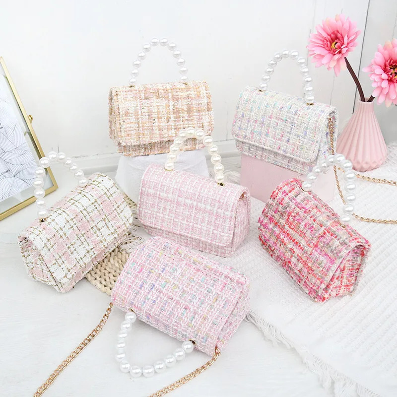 Childrens bag small bag spring and summer girl messenger bag Princess pearl handbag cotton and hemp fashion shoulder bag 250219