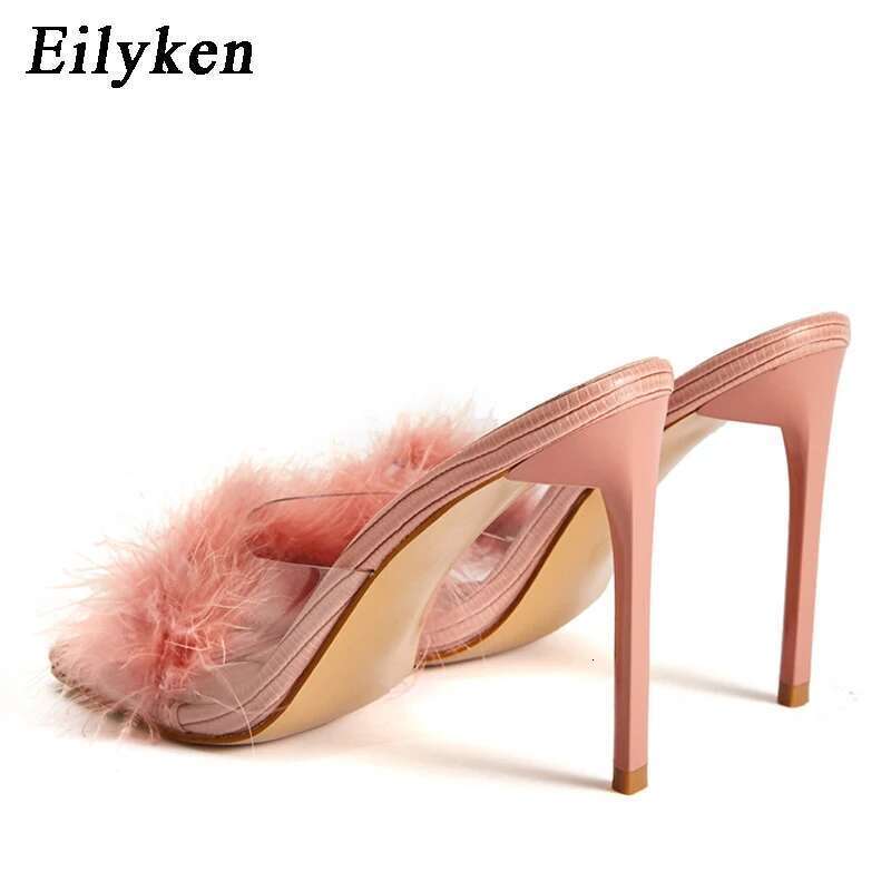 Fashion Feather Thin Heels Fur PVC Slippers Sandals Women Peep Toe Mules Ladies Pumps Slides Shoes Size 35-42