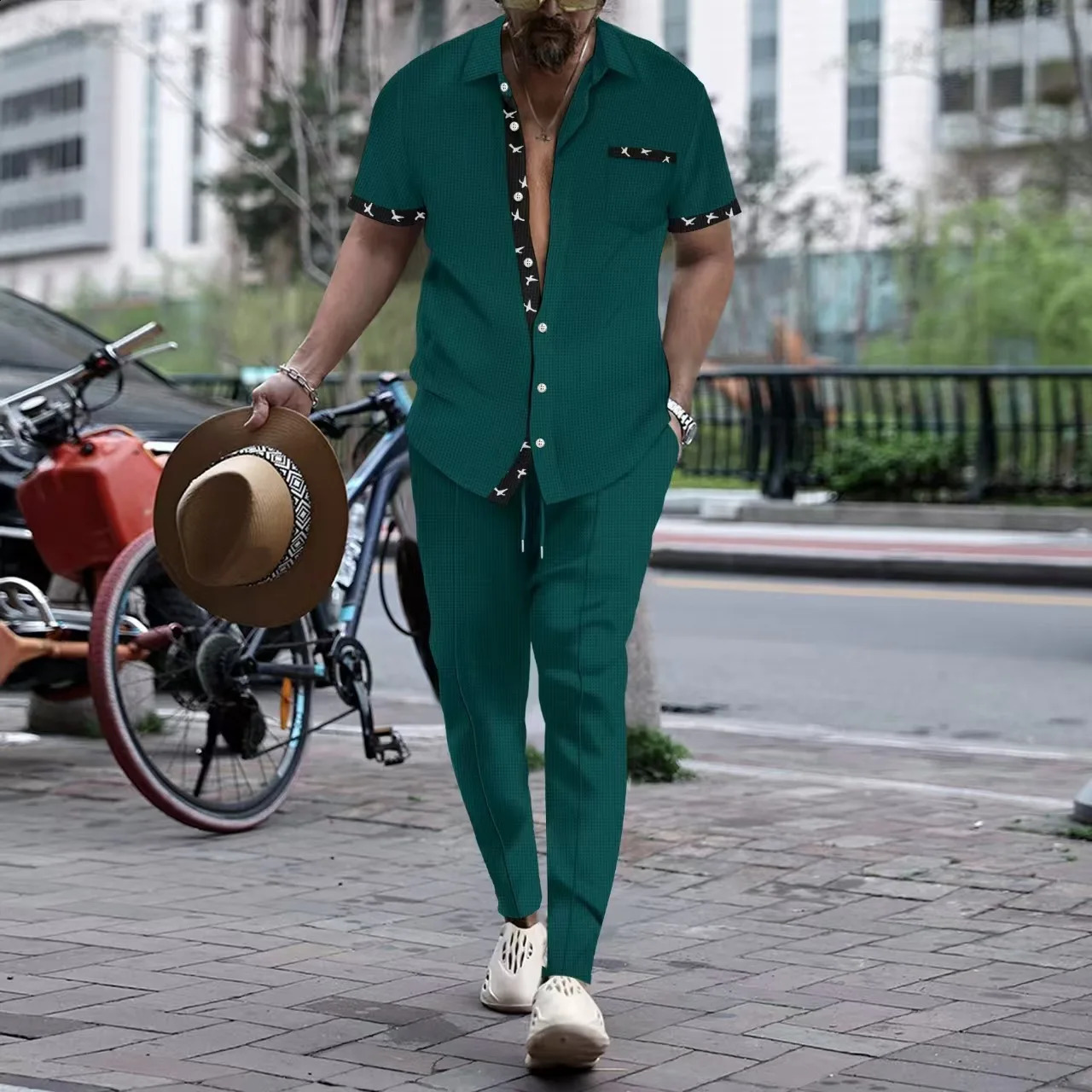 Summer mens short-sleeved long pants suit 2025 sport and casual mens style for teenagers two-piece set 250218