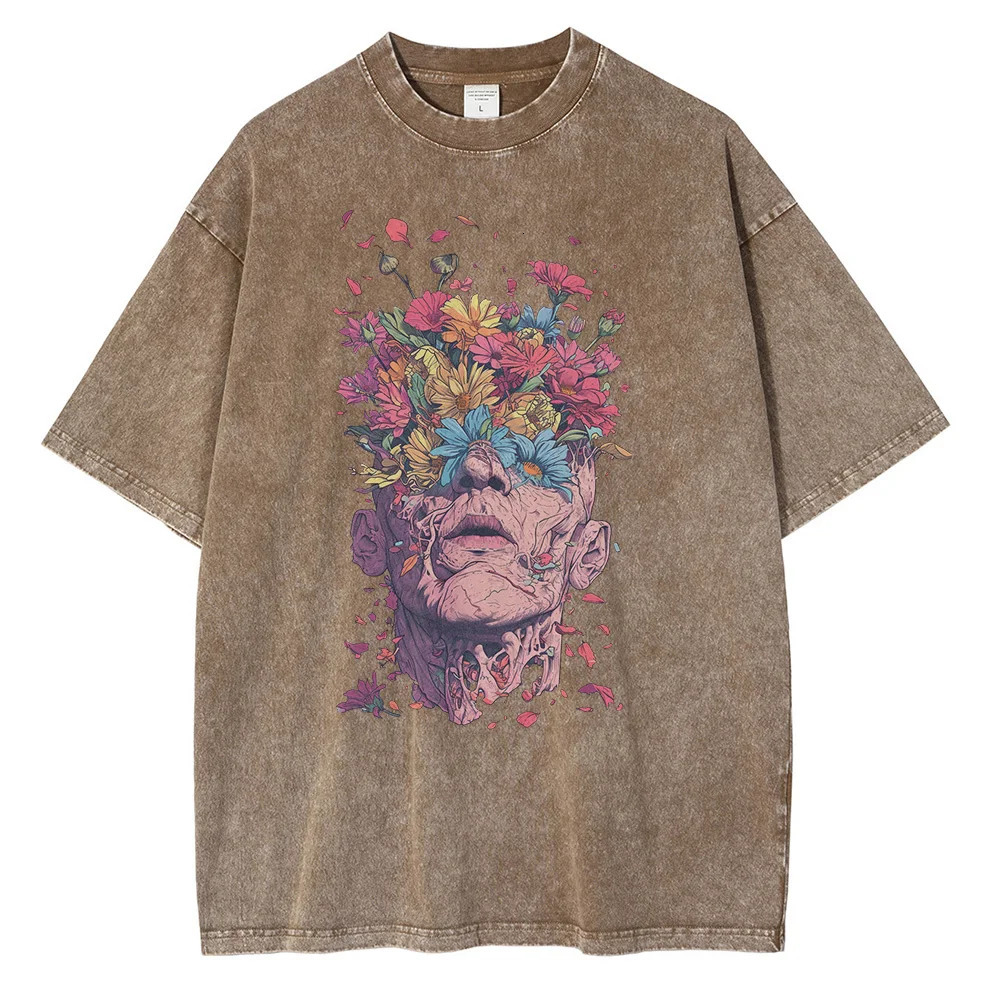 Heavyweight Pure Cotton T Shirts Flowers Emerging Out of Human Eyes and Heads Graphic T-shirts Vintage Van Gogh Style Mens Tops 250217