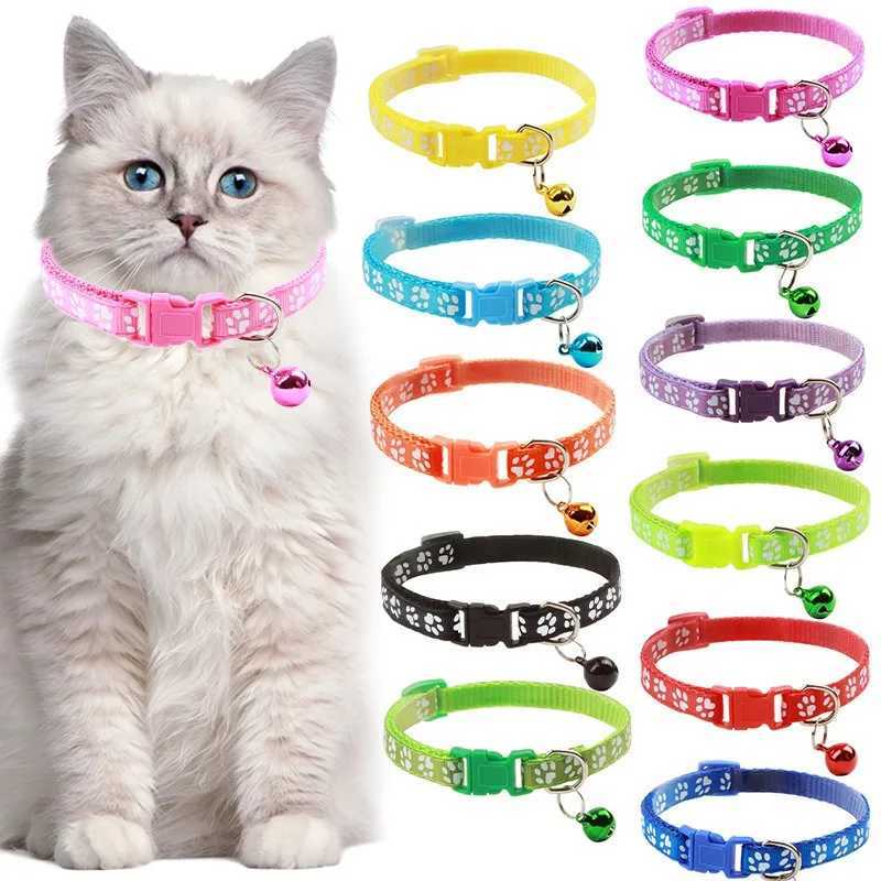 Pet Collar With Bell Cartoon Footprint Colorful Dog Puppy Cat Accessories Kitten Collar Adjustable Safety Bell Ring Necklace Pet W250219
