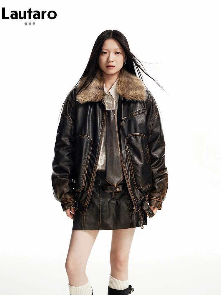 Lautaro Spring Autumn Cool Handsome Vintage Distressed Brown Pu Leather Jacket Women Faux Fur Collar Designer Clothing