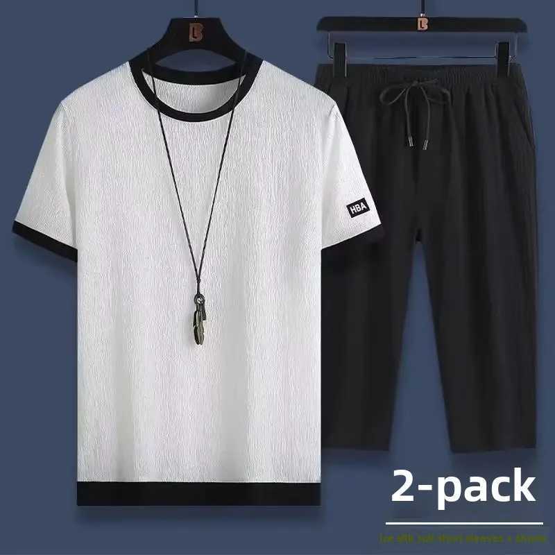 Summer Casual Mens Sports Suit Ice Silk Short Sleeved T-shirt Shorts Two-Piece Fashionable Set Chinese Mainland OriginXJ250218