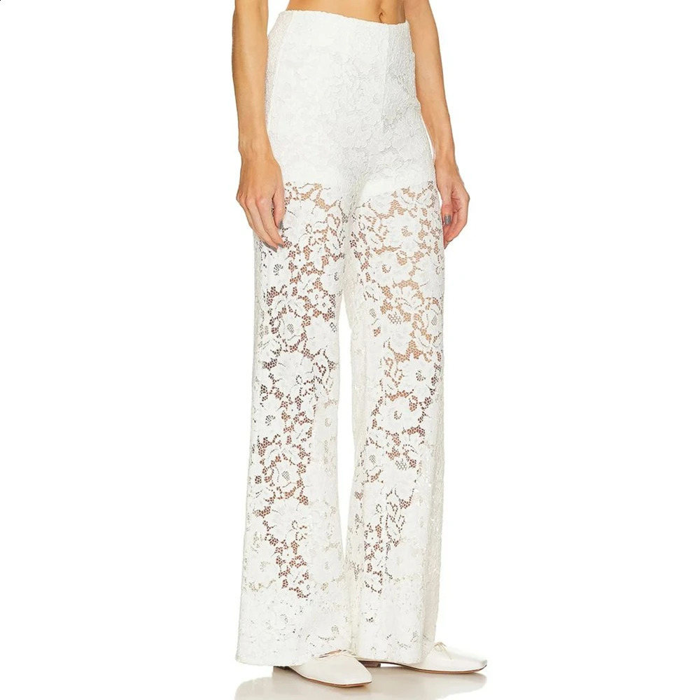 Lairauiy Womens OL Elegant Floral Lace See-through Sheer Long Pants Elastic High Waist Straight Trousers Streetwear 250218