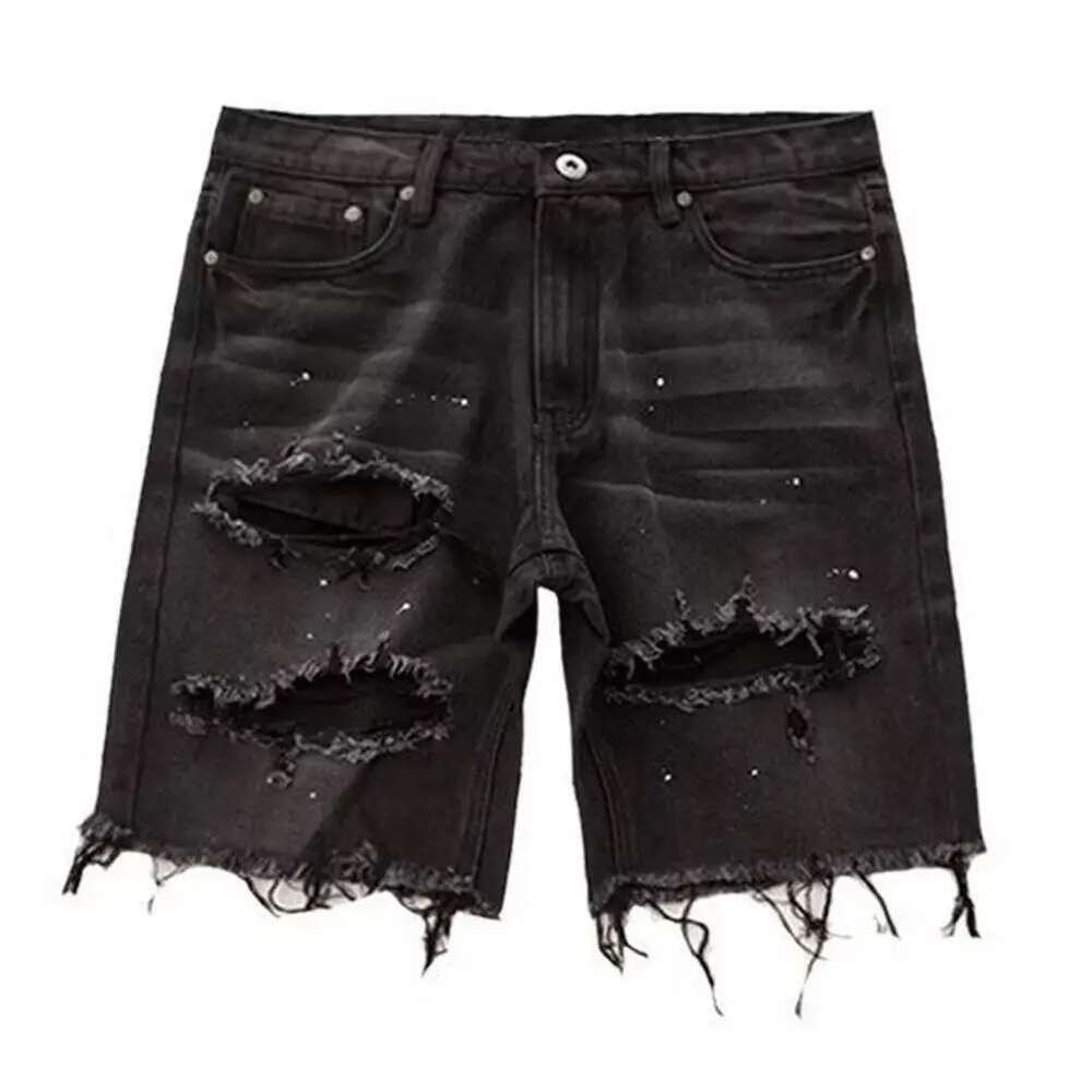Ripped Shorts Men Summer Denim Shorts Button Zipper Fly Multi Pockets Short Jeans Straight Fit Ripped Holes Knee Length Distressed