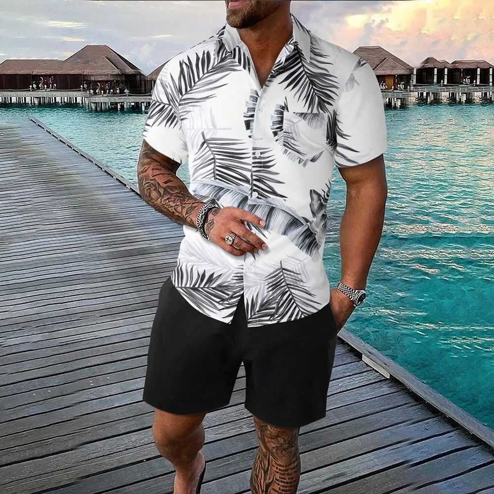 Hawaiian Palm Leaf Print Mens Shirt And Shorts 2 Piece Set Casual Vacation Mens Shirt Suit Clothing Short Sleeve Button ShirtsXJ250218
