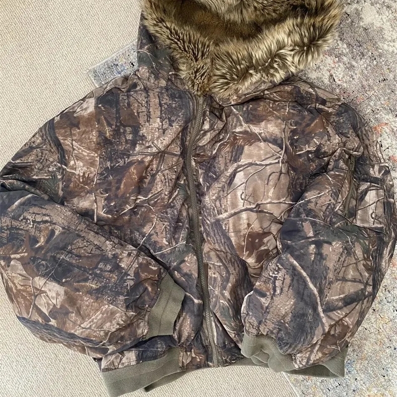 Retro Plush Hooded Autumn Winter Warm Coat Y2k Streetwear Camouflage Leaf Print Outdoors Zip Up Hoodie Goth Double Layer Jacket 250207
