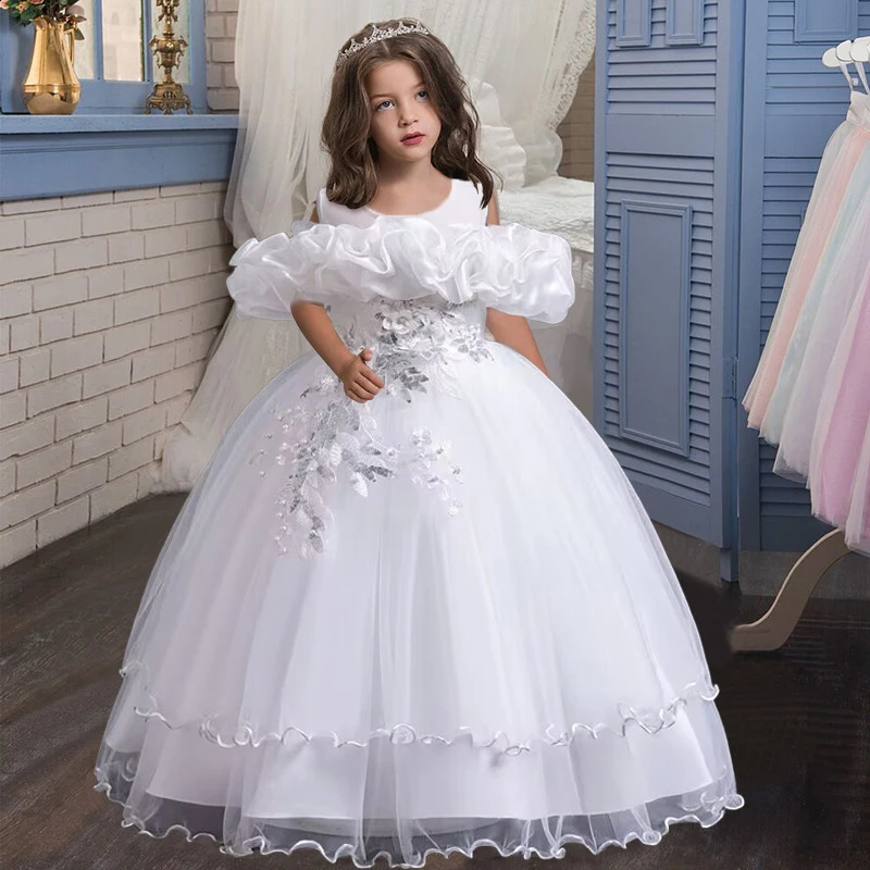Elegant Girl Party Dress Long Wedding Bridesmaid Dress 4-13 Year Old Mesh Embroidered Graduation Ball Evening Dress 250311