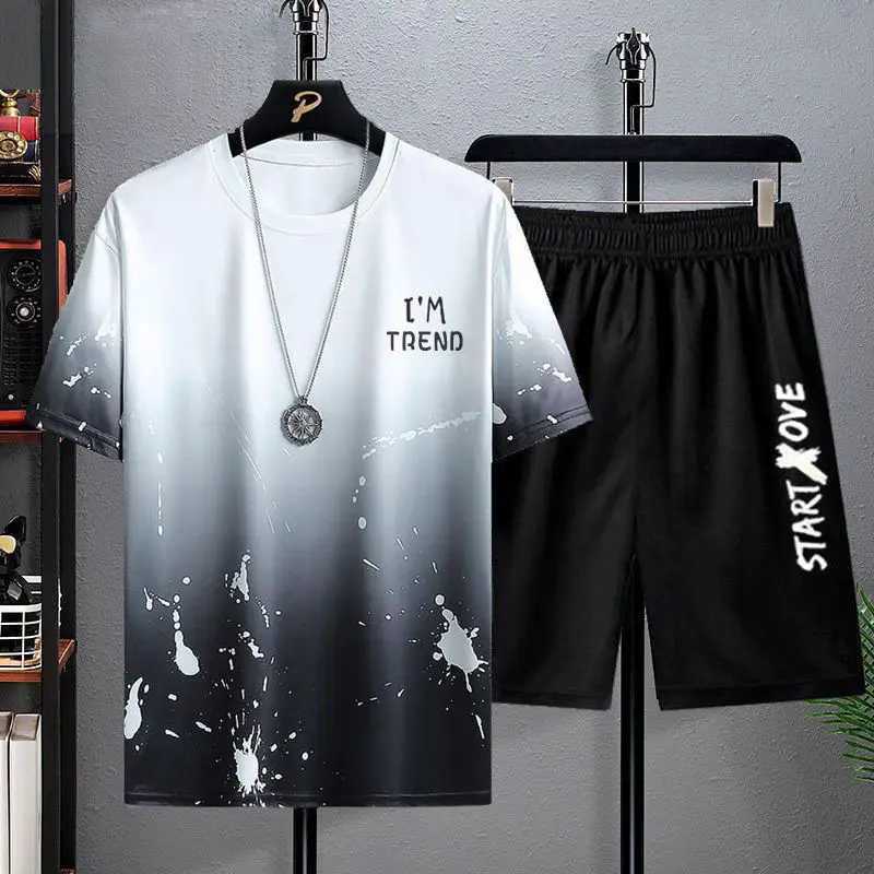Summer mens casual suit mens thin quick drying round neck short sleeved T-shirt youth home wear sports two-piece setXJ250326