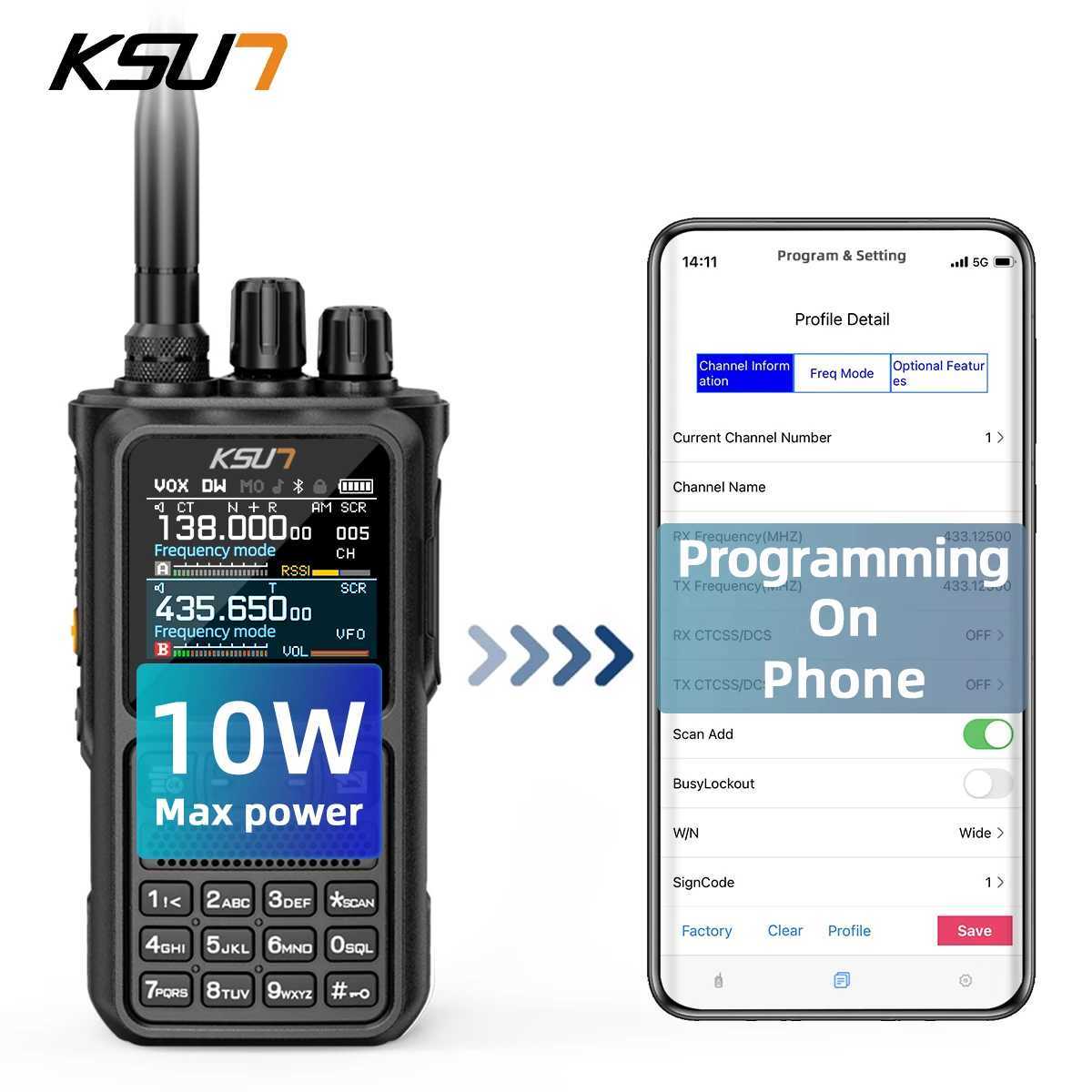 KSUN Walkie Talkie Long Range 10W Handheld Talkie-walkie Dual Band HAM Radio Flashlight e-tooth Programming 2 way Radio UV110XJ250219